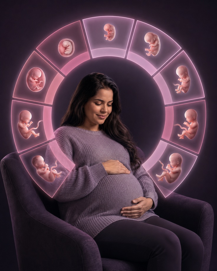 Gestante sentada, com as mãos sobre a barriga, cercada por um círculo que mostra o bebê em cada fase da gravidez.